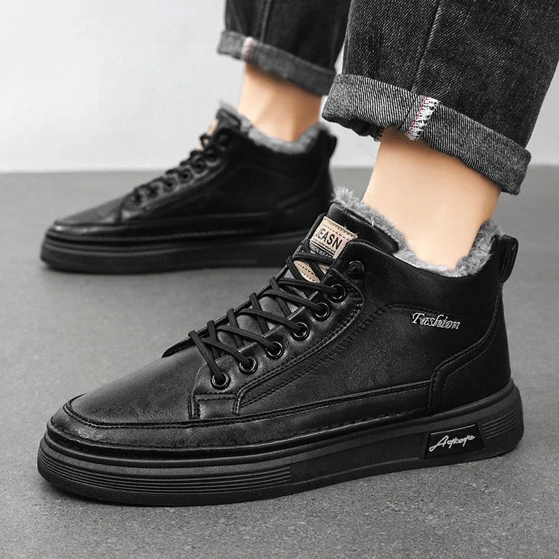 

Thickened Warm Fleece Lined Lace Up High Top Men Cotton Short Boots Winter Trendy Versatile Slip Resistant Anti Slip Shoes