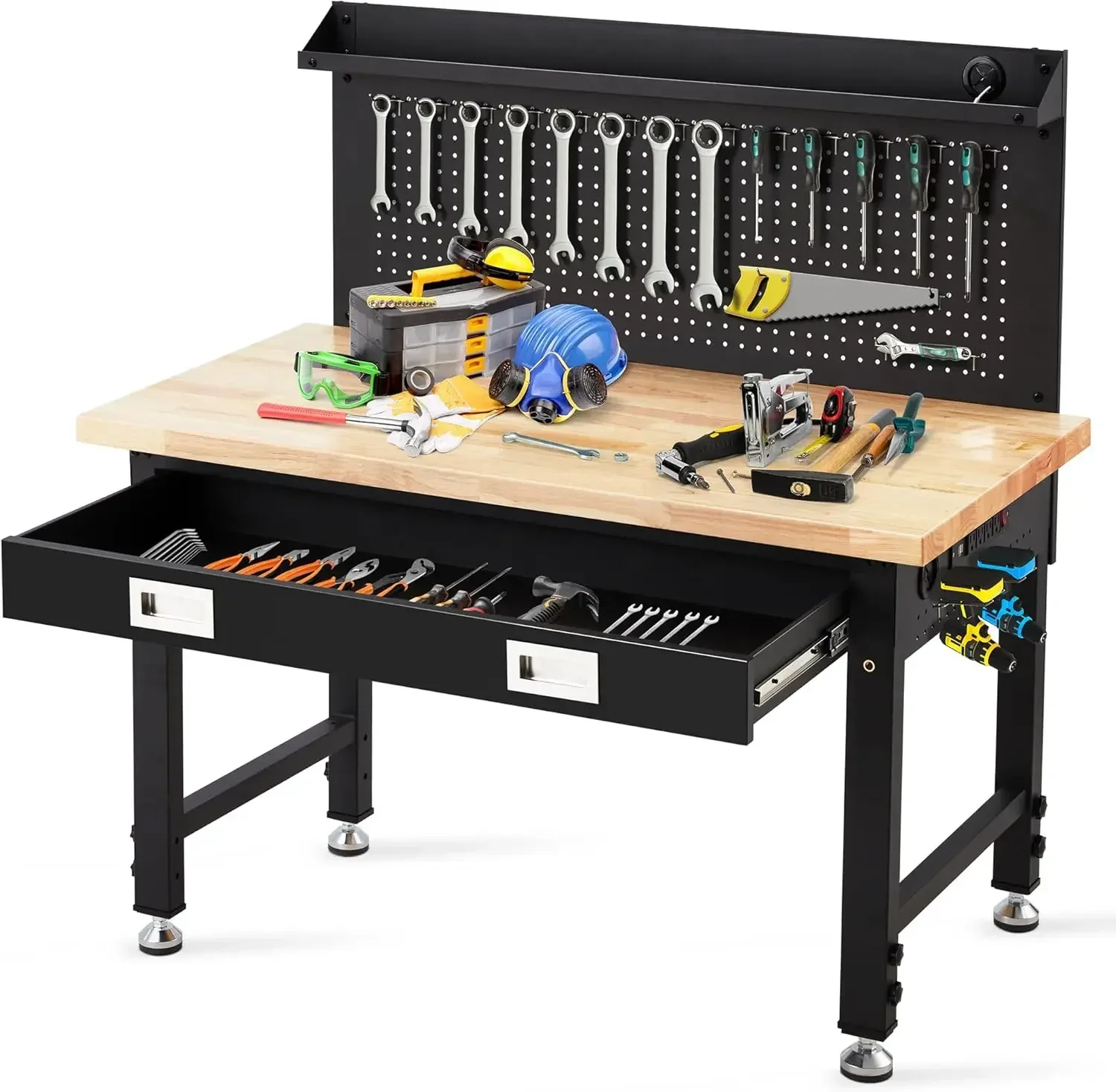 Workbench with Storage, Metal Framed Hardwood Table Top Workbench for Garage with Drawers，2000 LBS Weight Capacity 49.5”-61