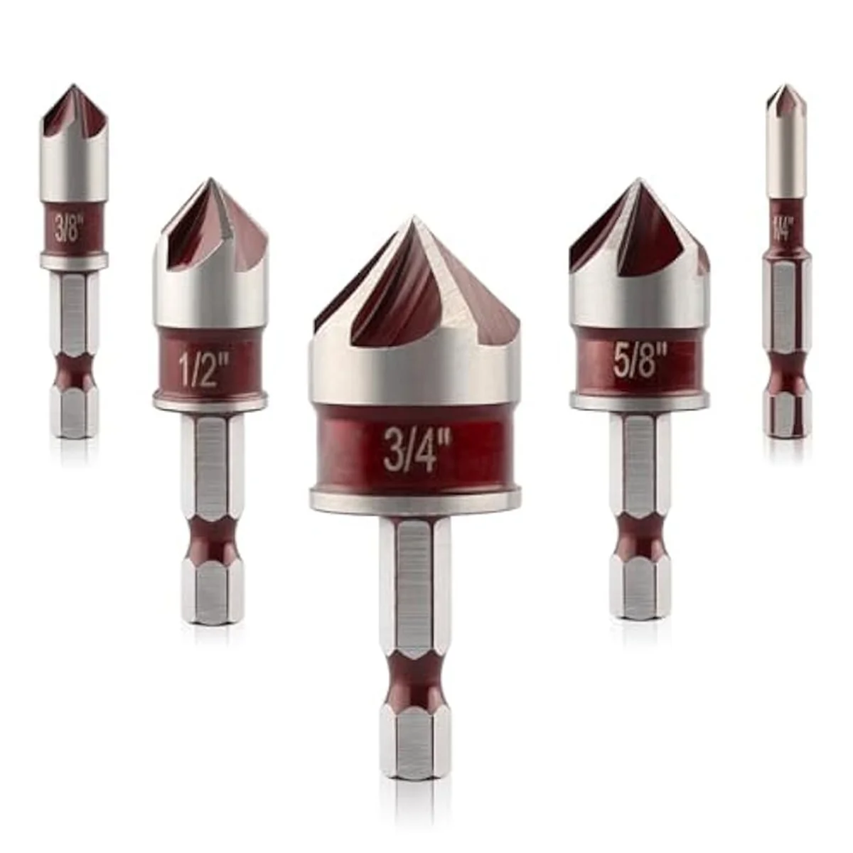 A04I 5PCS Countersink Drill Bit Set,82Degree 5 Flute HSS Countersink Bit, 1/4 Inch 3/8 Inch 1/2 Inch 5/8 Inch 3/4 Inch