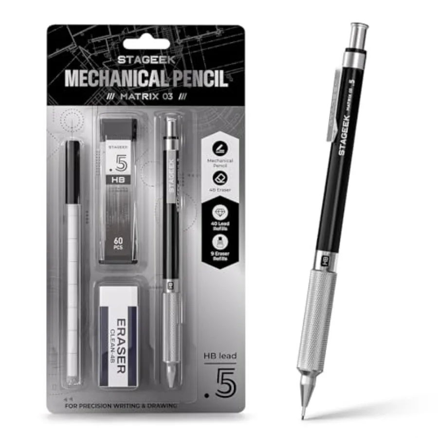 

0.5mm Mechanical Pencil, Metal Art and Drafting Pencil with Eraser and 60 HB Lead Refills, Professional Drawing Pencil for Arti