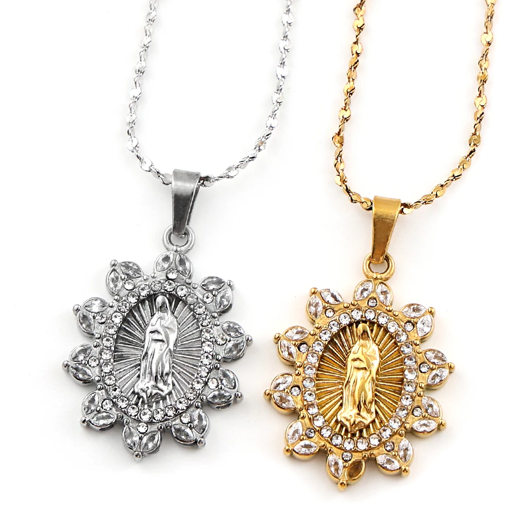Catholic Virgin Mary Pendant Necklace for Women Men Rhinestones Stainless Steel Gold Color Our Lady of Guadalupe Chain Jewelry