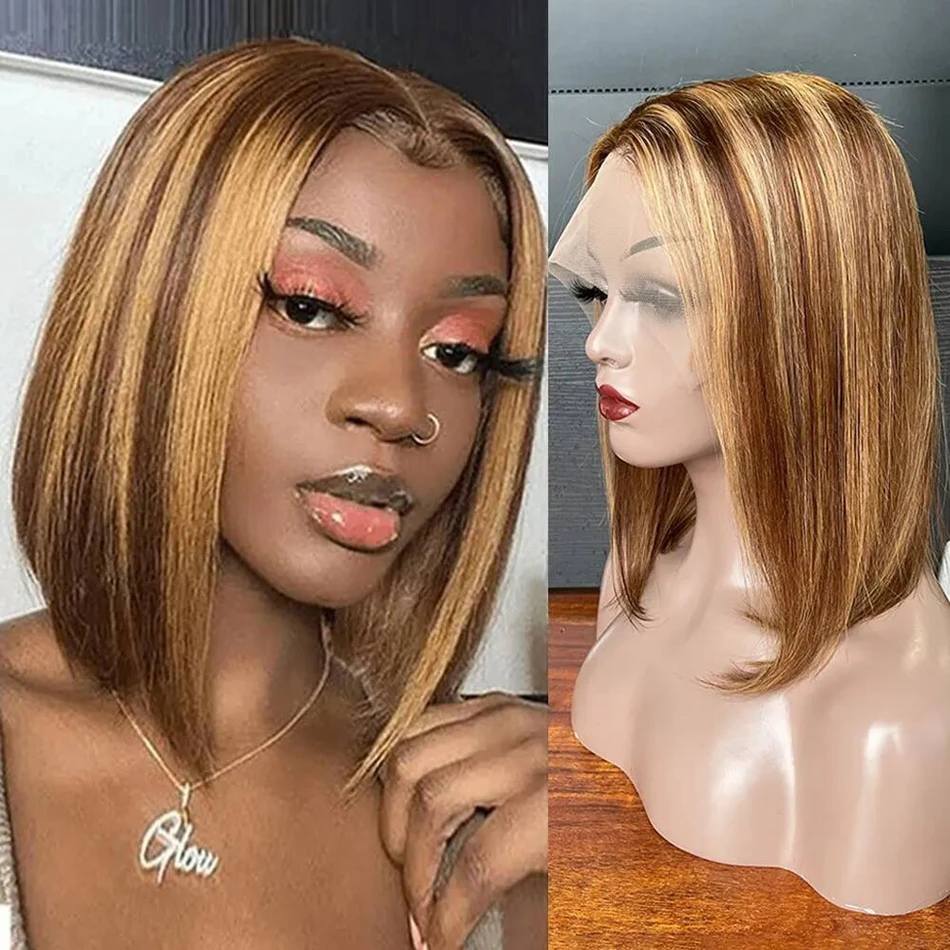 

Hootu Straight Bob Wig Highlight P4/27 Colored Short Bob Human Hair Wigs 13X4 Lace Front Pre Plucked 180% Density 8-14 Inch