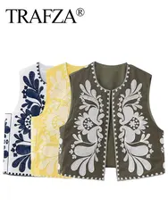 TRAFZA Women Floral Embroidered Vest Top Summer Casual Vintage Y2k Cardigan Waistcoat Woman Chic Loose Outerwear Vsets