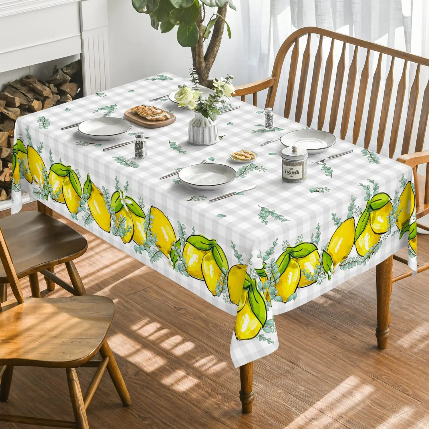 Buffalo Plaid Lemon Floral Rectangle Tablecloth Home Kitchen Tablecloth Suitable for Wedding Party Picnic Dinner Decoration