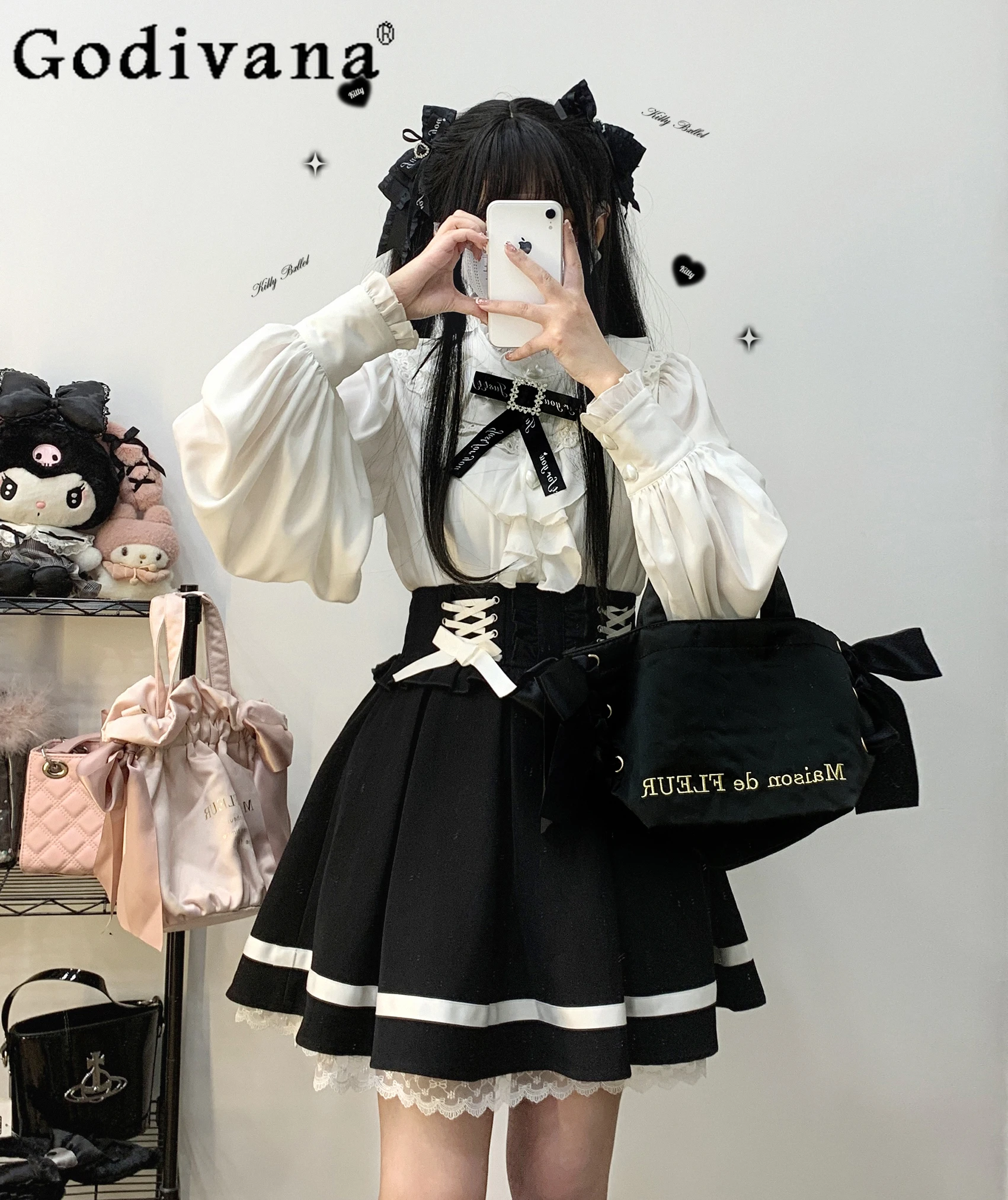 

Japanese Mass-Produced Stand Collar Ruffles Loose Slim Lolita Batwing Sleeve Shirt Girly Fashion All-Match Chiffon Blouses Women