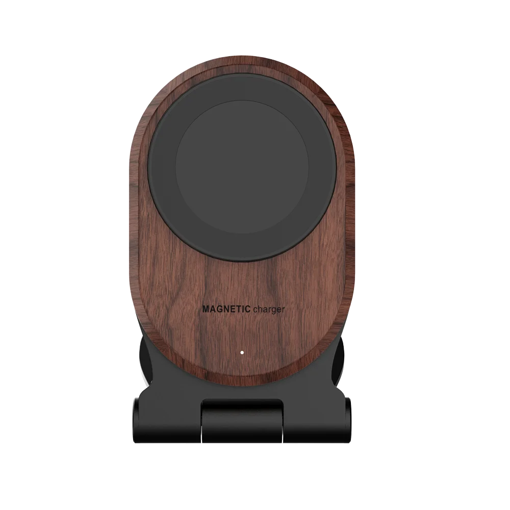 Eco-friendly wholesale Phone Accessories 15W fast Walnut wood wireless magnetic charger with folding metal Stand