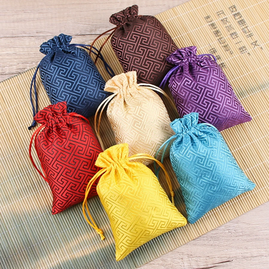 

6pcs Brocade Jacquard Drawstring Bag Set with Strap for Jewelry Storage Buddha Bead Bracelet Necklace Blessing Cloth Bags
