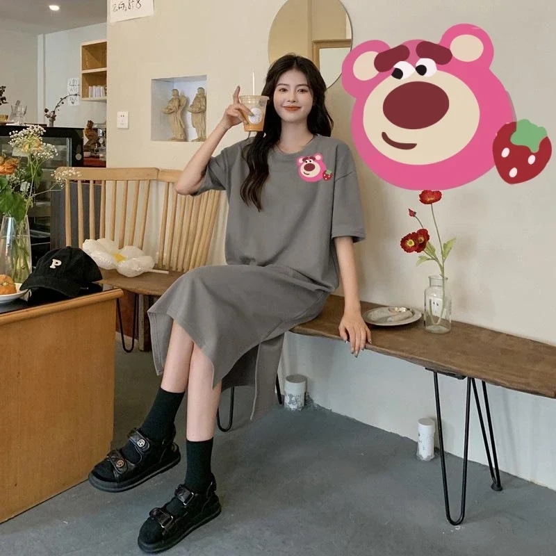 Miniso Strawberry Bear T-shirt Skirt Lotso Printing 40-90kg Loose Leisure Lone Style Grey Colour Short Sleeved Soft Unique Dress