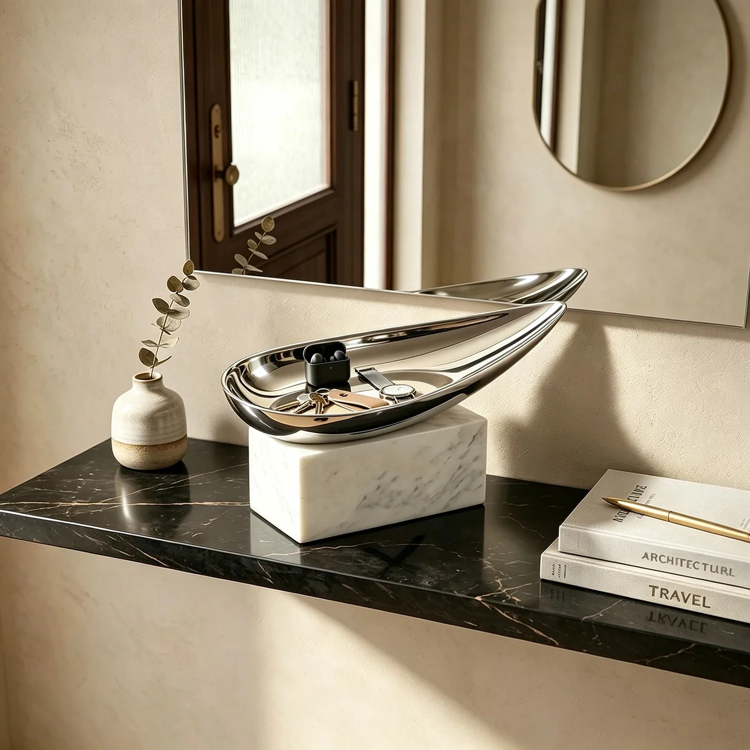 Stainless Steel Marble Base Decorative Tray Teardrop Shape Countertop Jewelry Key Storage Dish Modern Home Tabletop Organizer