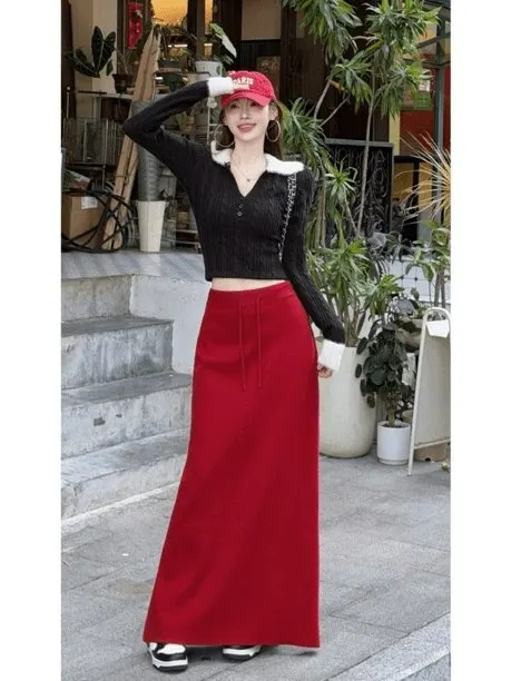 

Korean Sle Beautiful f-length Skirt Faionable Ele Long Dr Women's High-waist A-line Skirt Stand Fit Spring S...