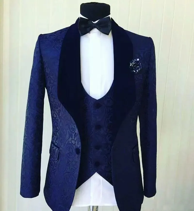 

Popular Navy Blue Jacquard Men Wedding Tuxedos Shawl Lapel Groom Tuxedos Men Dinner/Darty Dress 3 Piece Suit (Jacket+Pants+Vest)