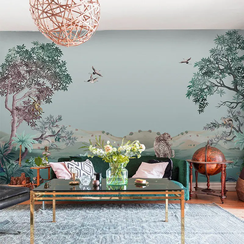 custom 3D large wallpaper mural hand-painted Nordic forest Tiger Elephant Giraffe kindergarten jungle sticker background wall