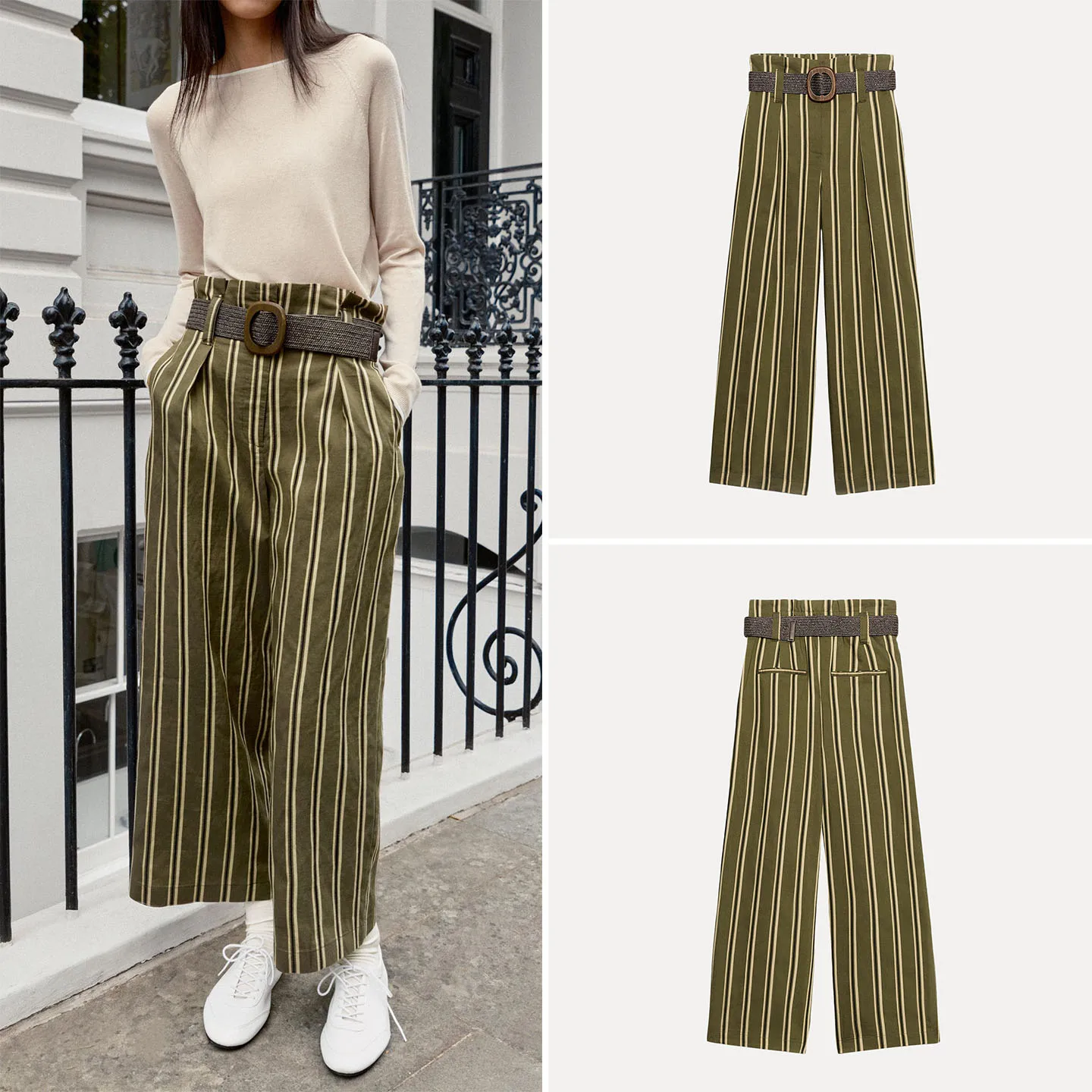 High Waist Striped Wide Leg Pants with Belt Casual Style Women's Autumn Fashion 2026 New Design Gown Zadata Other Material