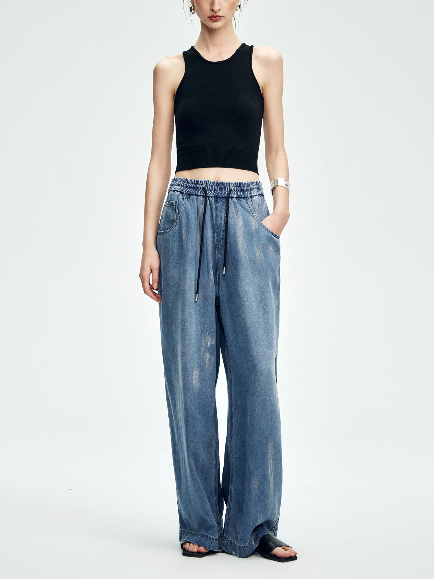 

Faionable High-End Heavy-Du Silver-Ironed Cool Nude Sensation Casual Dstring Elastic Waist Loose Straight Denim Jeans ...