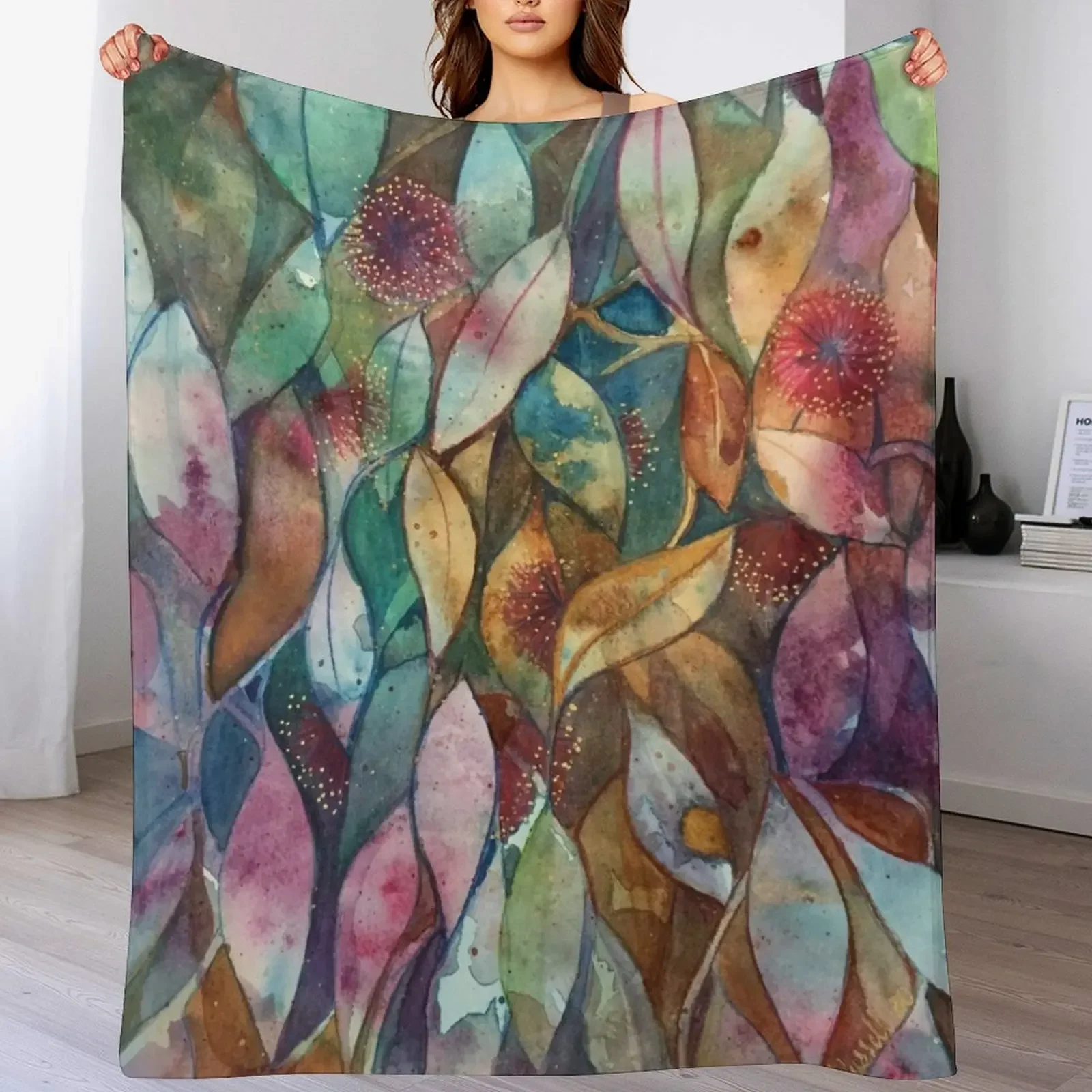

Watercolor Gum Blossoms in Green and Pink Throw Blanket Soft Sherpa Fleece Warm Blanket for Winter