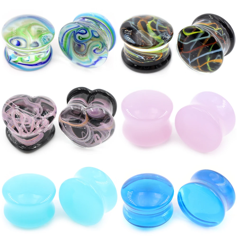 Alisouy 2PCS Colorful Love Heart Round Glass Ear Plugs Tunnels Guages Stretcher Expander Extender Earrings Piercing Body Jewelry