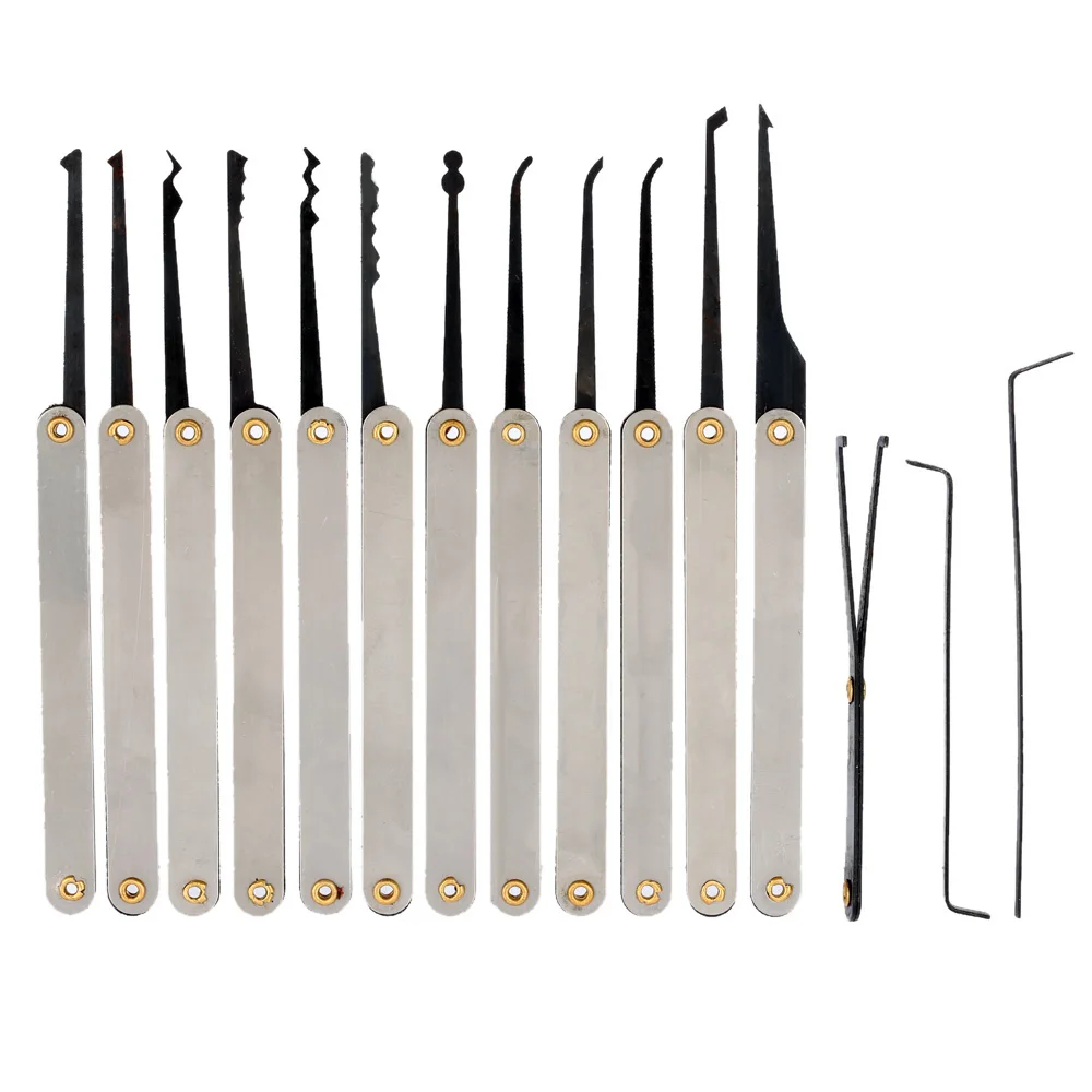 15PCS Lock Pick Opener Set Stainless Steel Locksmith Tools Kit with Wrench Broken Key Extractor Picks Tweezers Set