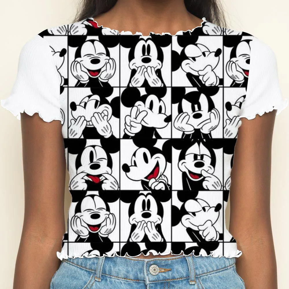 Summer Clothes Women 2024 Disney Crop Tops Sexys Lettuce Trim Mickey Short Sleeve T-shirts Y2k Woman Clothing T-shirt Top Disney