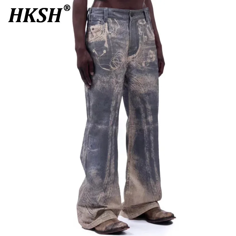 

HKSH Autumn New Men's Tide Vintage High Street Print Jeans Wide Leg Washed Women's Pun Chic 3D Pattern Denim Pants Trendy HK3567