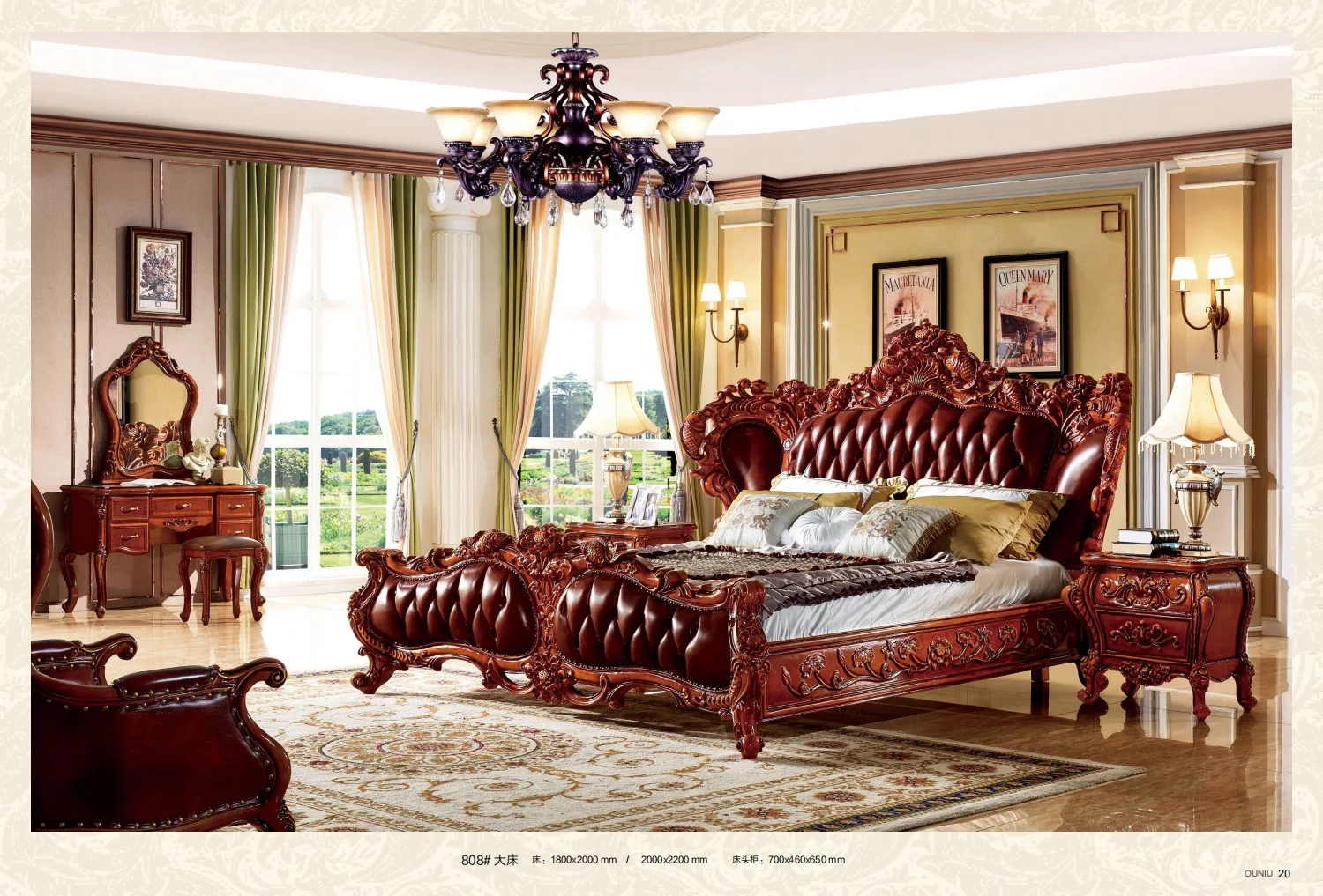 #Elegant European Antique Floral Carved Solid Wood Bedroom Furniture Collection Curved Black Leather Upholstery King Queen Hotel