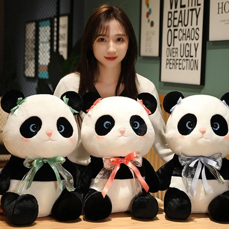 3D Sitting Panda for w/ Bow Tie Plush Figure Panda Baby for Doll Living Room Ornament Kids Birthday Gift Fid