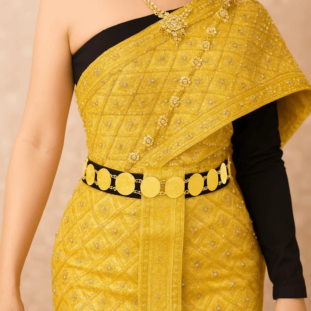 Vintage Metalowy Pasek w Stylu Etnicznym z Frędzlami, Tajski Metalowy Łańcuszek na Pas z Monetami, Biżuteria na Nadgarstek, Ażurowy Złoty Pasek Damski