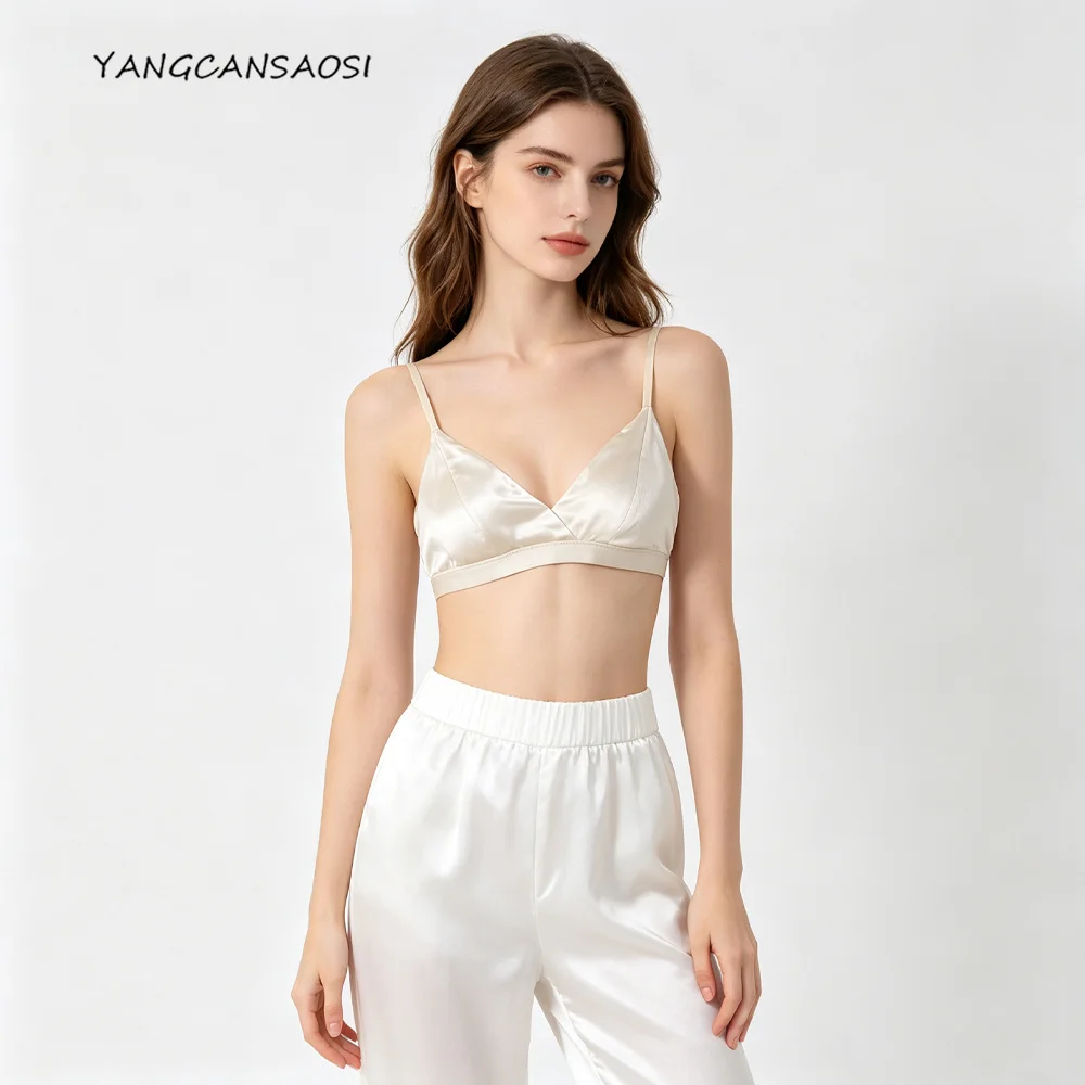 Women's New Underwear 93% Natural Mulberry Silk Elastic Satin V-neck Triangular Cup Thin Shoulder Strap Without Steel Ring Bra