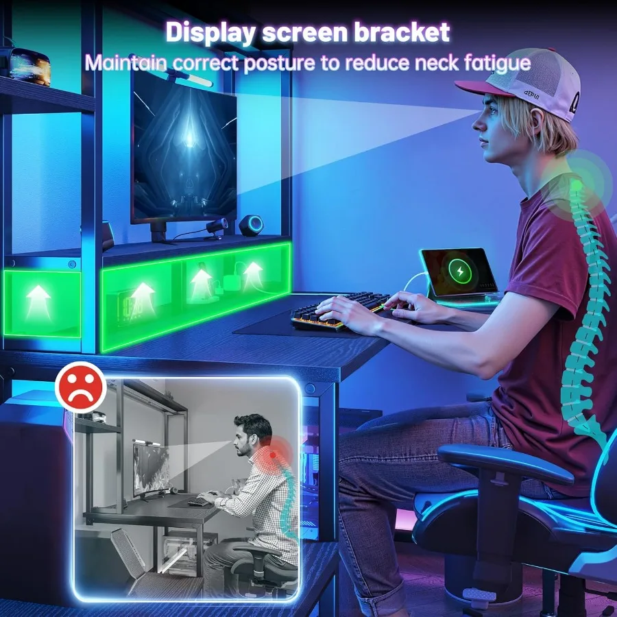 مكتب ألعاب على شكل 55 لترًا مع مصابيح LED مدمجة ومنافذ كهربائية مدمجة بتصميم زاوية قابلة للعكس تتميز بقابل للتعديل