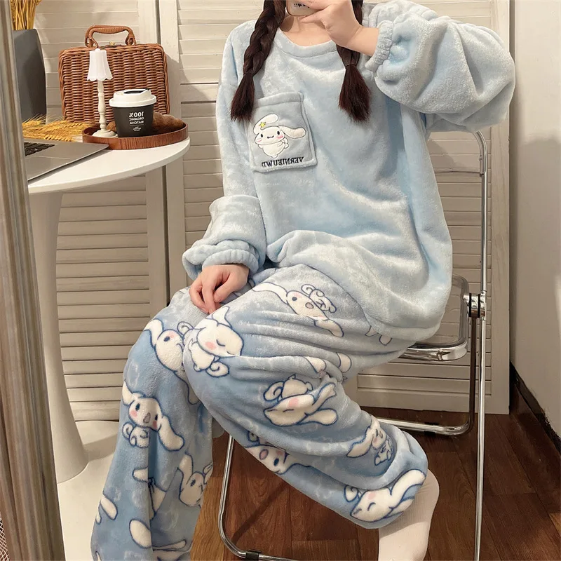 Sanrio Hello Kitty Women Pajamas Winter Long Sleeved Thickened Cartoon Cute Kawaii Two-piece Pajamas Girl Warm Household Clothes