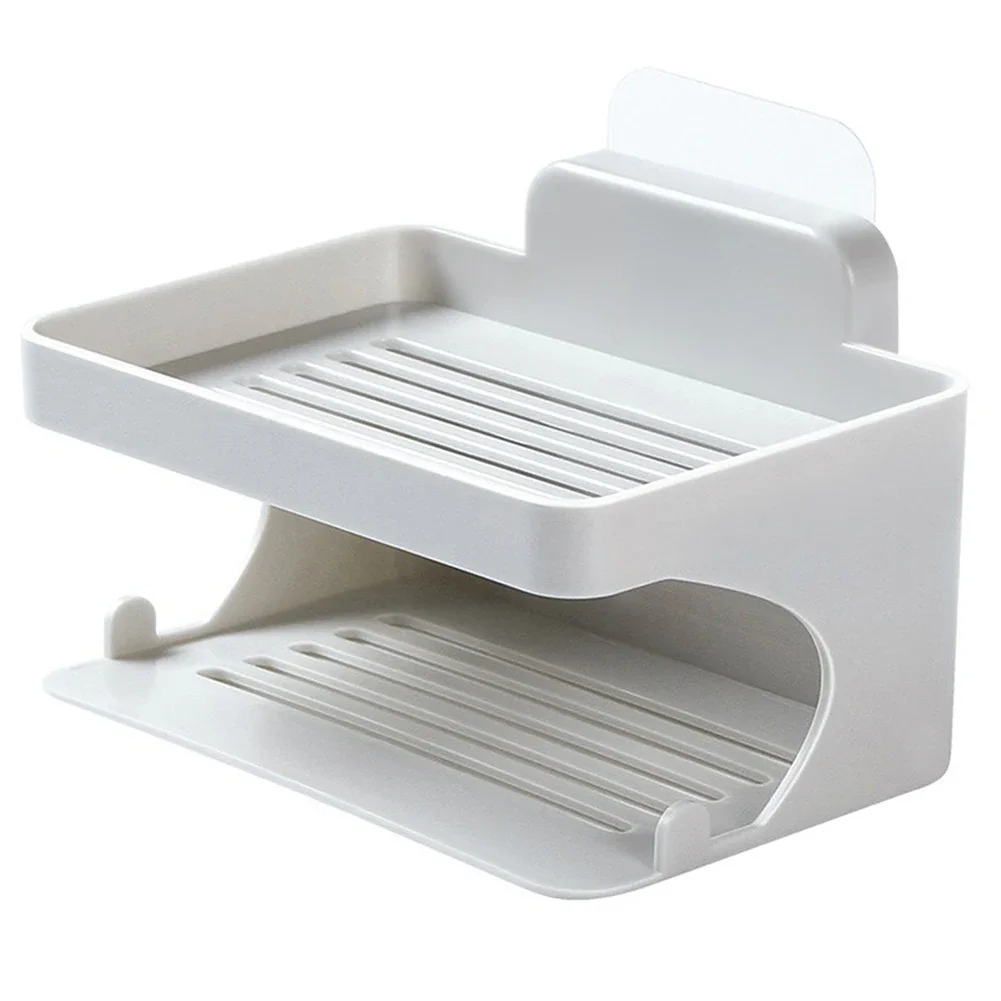 ABS Soap Tray Double Layer Soap Holder Bathroom Shower About 13.2*9.5*8cm 5.2*3.74*3.15in Seamless Sticker Strip-shaped Drainage