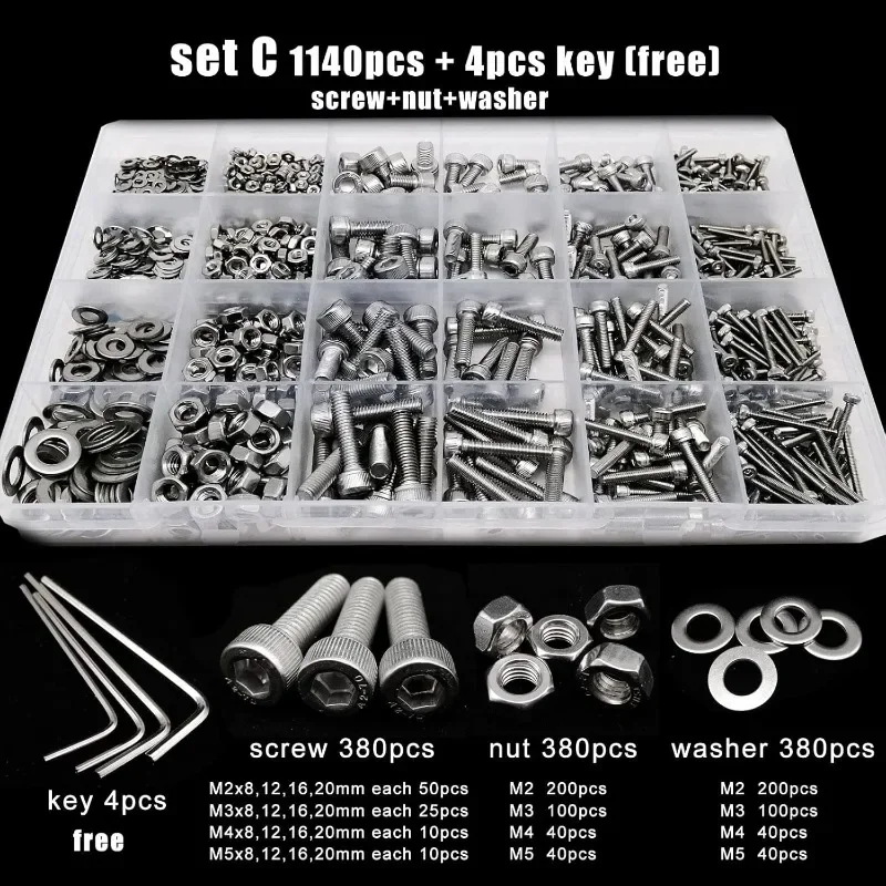 1140pcs Metric Machine Screw M1.6 M2 M2.5 M3 M4 M5 304 Stainless Steel Hexagon Hex Socket Cap Head Screw Bolt Nut Set Assortment