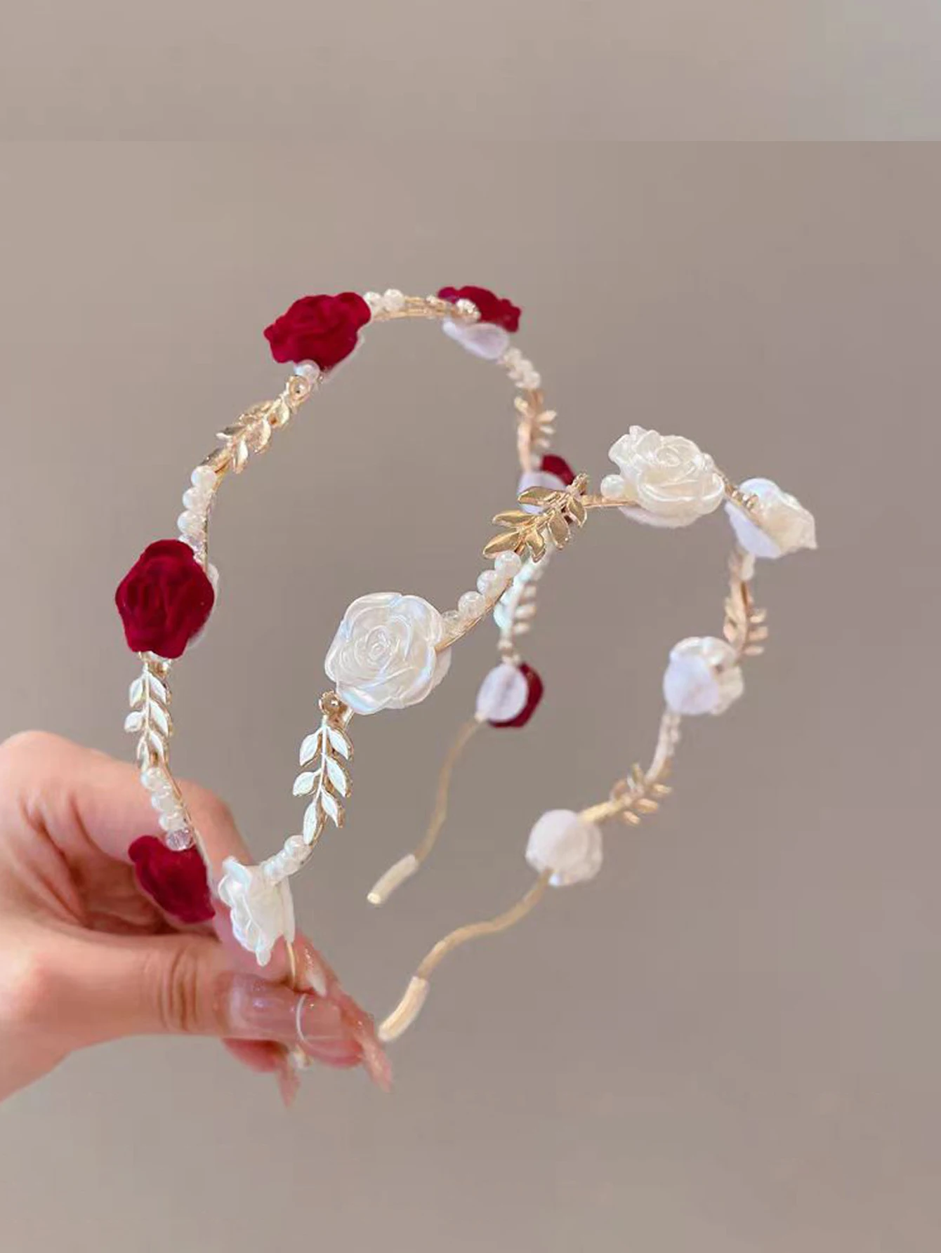 1pcs French Vintage Advanced Flocking Rose Pearl Gold Leaf Headband Luxury Refinement All-matched Fairy Hair Accessories Outdoor