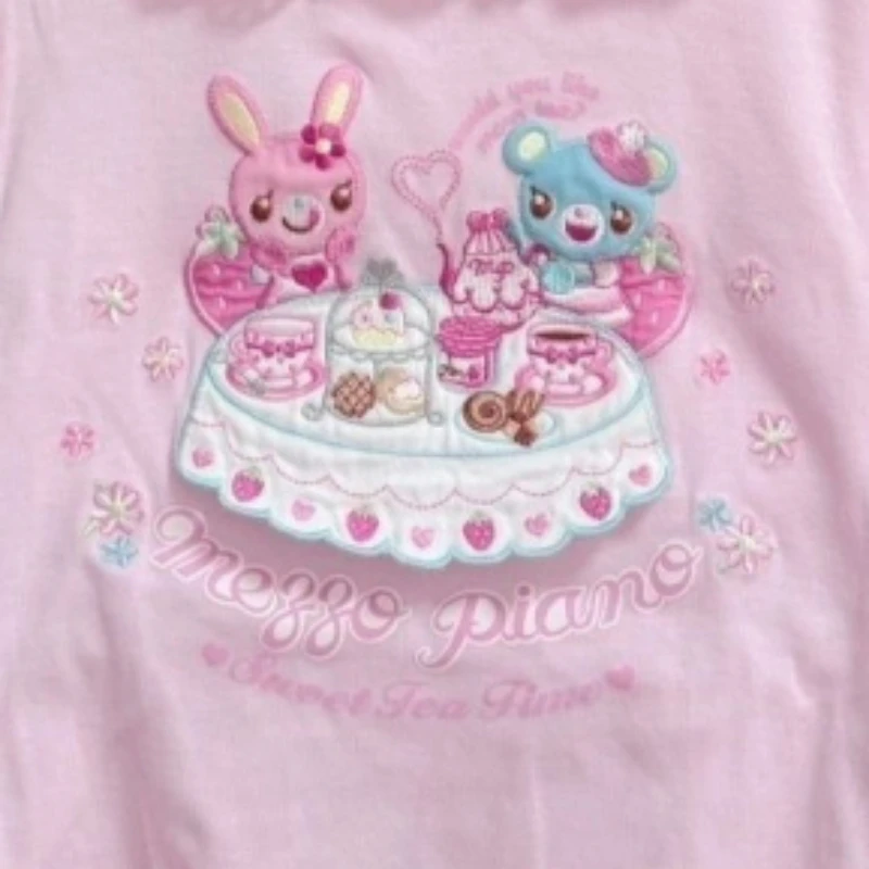 اليابانية الكرتون تي شيرت مطرز المرأة الحلو Y2k الجمالية الدانتيل المرقعة القمم الفتيات Harajuku الجرونج Kawaii لطيف القوس تيز #6