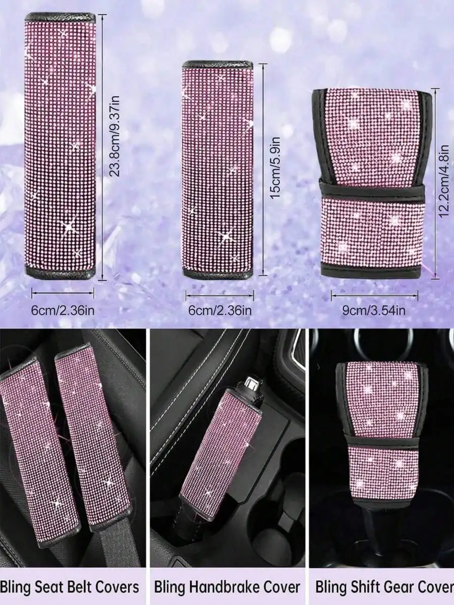 

Bling Car Accessories Set: Seat Belt, Handbrake, Gear Shift Covers For Women