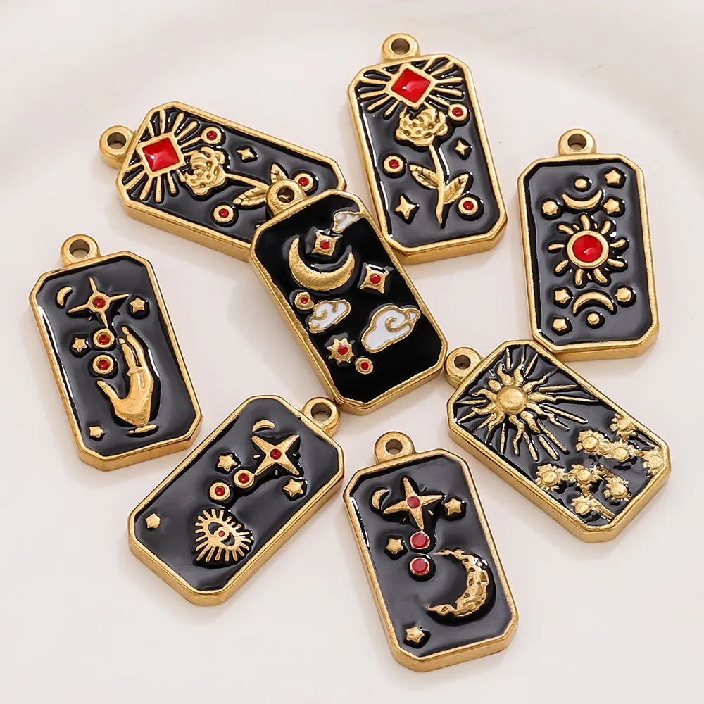

5pcs Stainless Steel Rectangular Charms Vintage Black Moon Tarot Card Pendant for DIY Earrings Necklace Jewelry Making Supplies