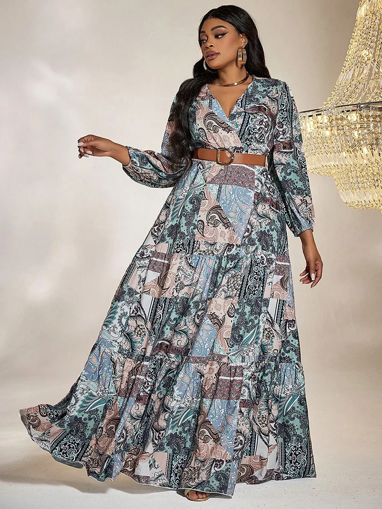 TOLEEN- Plus Size Patchwork Print Dress for Women, Lantern Sleeve, Ruffle Hem, Bohemian Fashion, Elegant Long Dresses with Belt