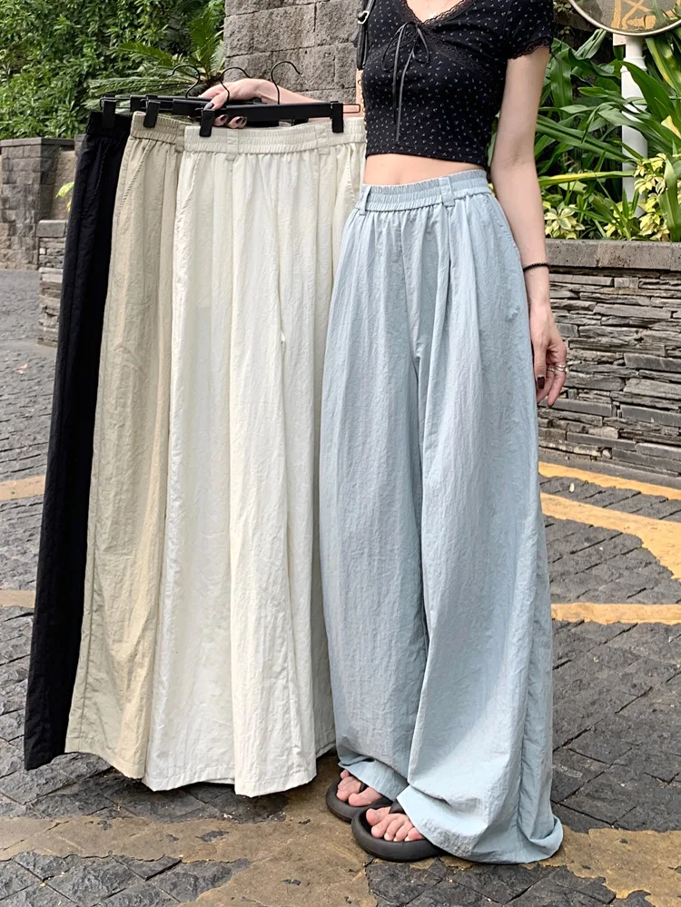 Khaki casual Yamamoto pants women's summer high-waisted straight pants retro loose wide-leg floor-length trousers