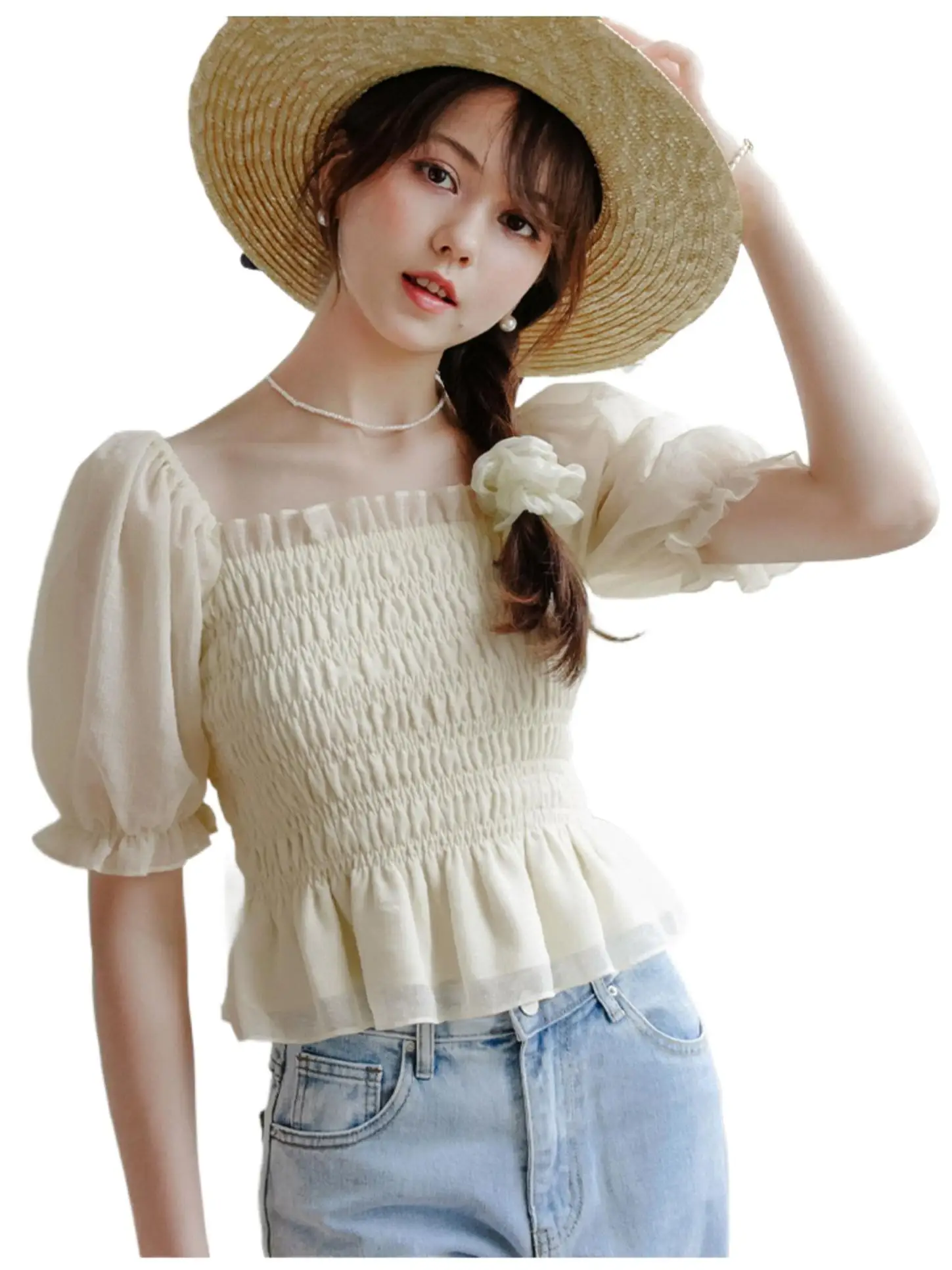 

Japanese Sweet Fashion Elastic Slim Fit Lyocell Top,slash neck bubble sleeves synthetic silk shirts,Fairy half Sleeve blouse