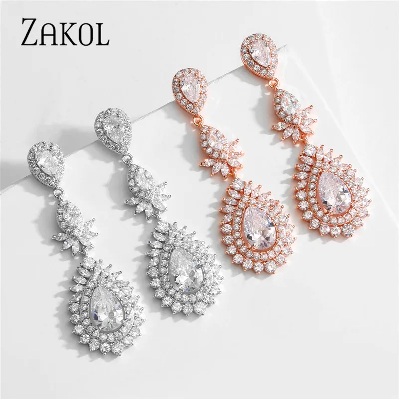 ZAKOL New Retro Style Shiny Big Water Drop Shape Cubic Zirconia Pendant Dangle Earrings Luxurious Women Bridal Jewelry FSEP5049