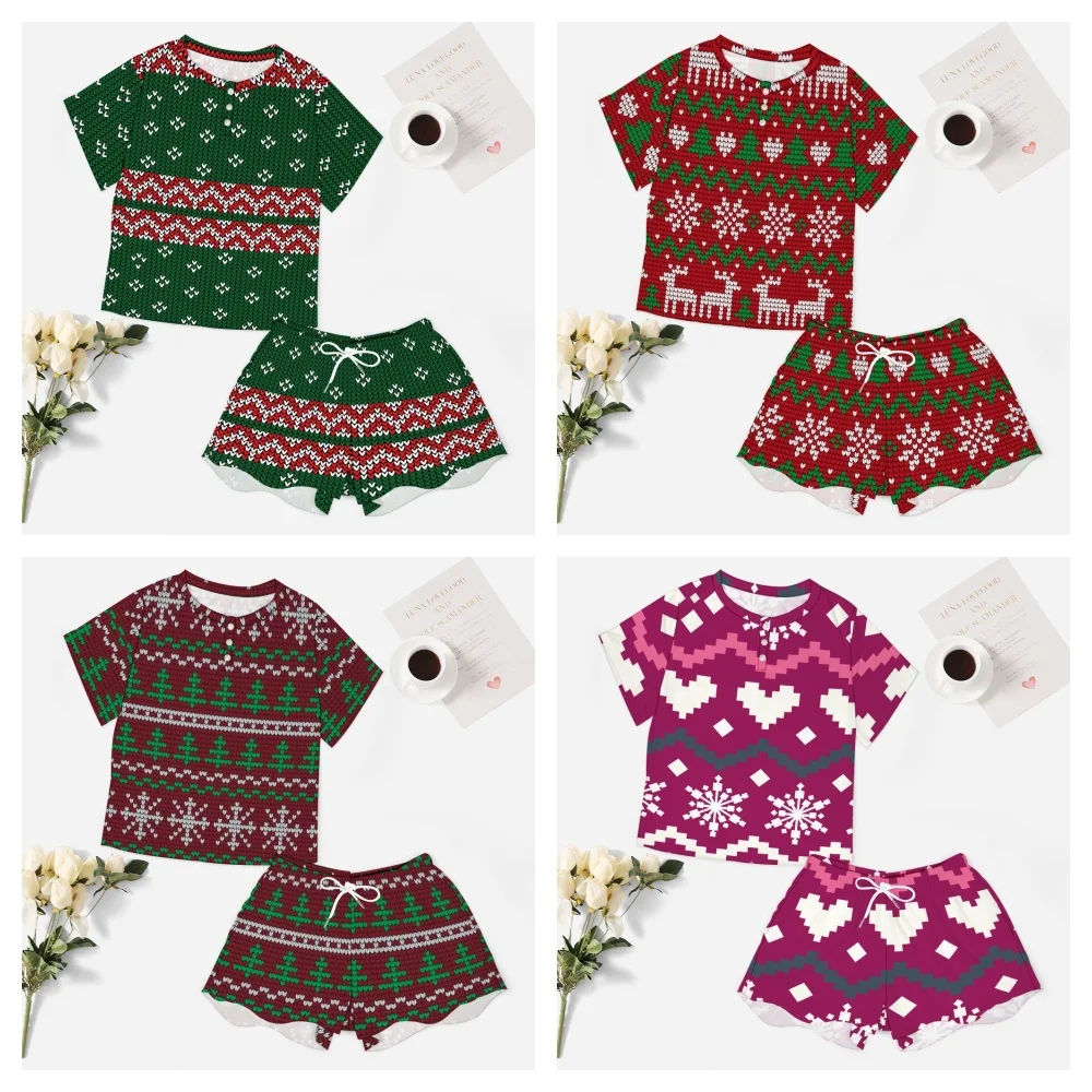 

Christmas Pixel Pattern Women's 2-Piece Button Down Short Sleeve Button Front Sleepwear Loungewear PJ Set Summer Home Suit