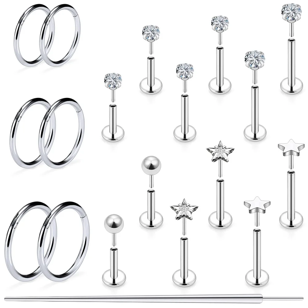 16G Internally Threaded Surgical Steel Labret Lip Studs Set Flat Back Cartilage Piercing Earrings for Tragus Helix Snake Bite