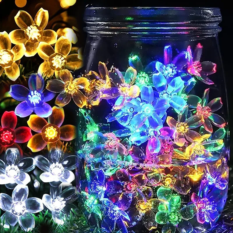 Cadena de luces de flor de cerezo, alimentada por batería guirnalda de hadas, impermeable, cuerdas de iluminación, lámparas de flores de cristal, luz de decoración de vacaciones