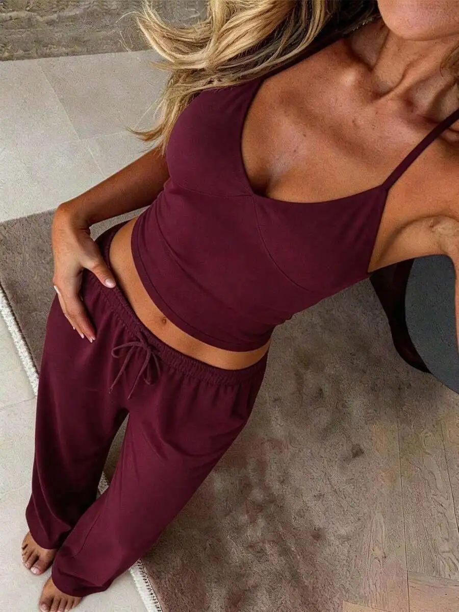 

Womens Deep V Backless Camisole And Loose Straight Leg Pants 2 Piece Set Casual Summer Autumn