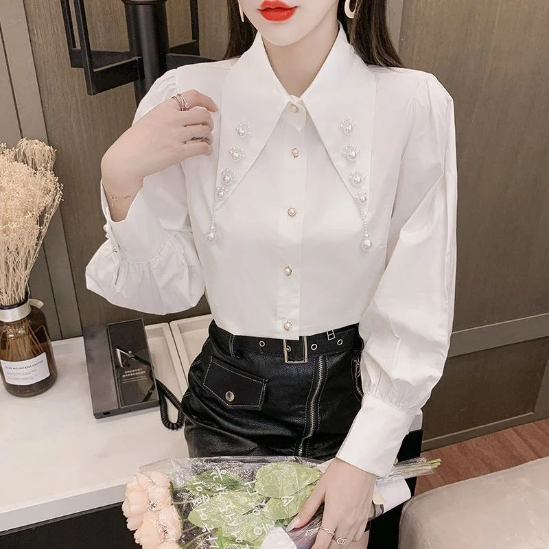 Autumn Fashion Women French Vintage Elegant White Button Shirts Beading Chic Long Sleeve Loose Office Ladies Blouse Tops Blusas