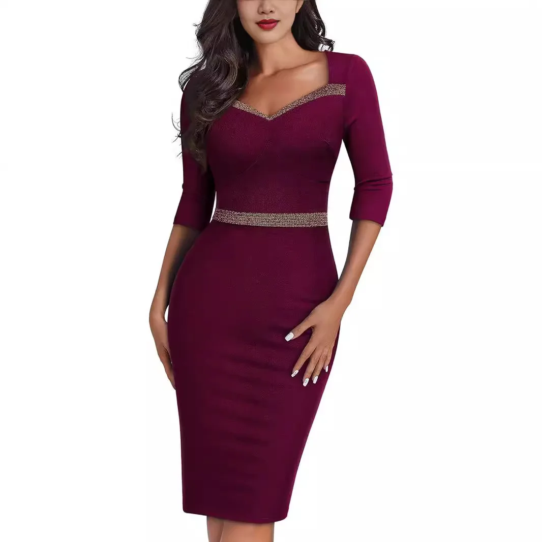 Women's Elegant Dress Pure Color French Style Bodycon Midi Dresses Waist-fitted Hip Covering Pencil Dress Party Mid-Length Skirt