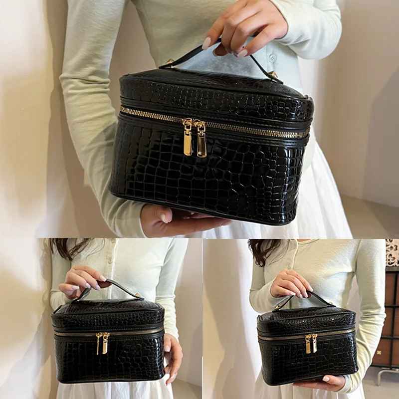 Leather Handbag Makeup Bag Large Capacity Handheld Cosmetic Organizer Toiletry Bag for Women Make Up Case Pouch