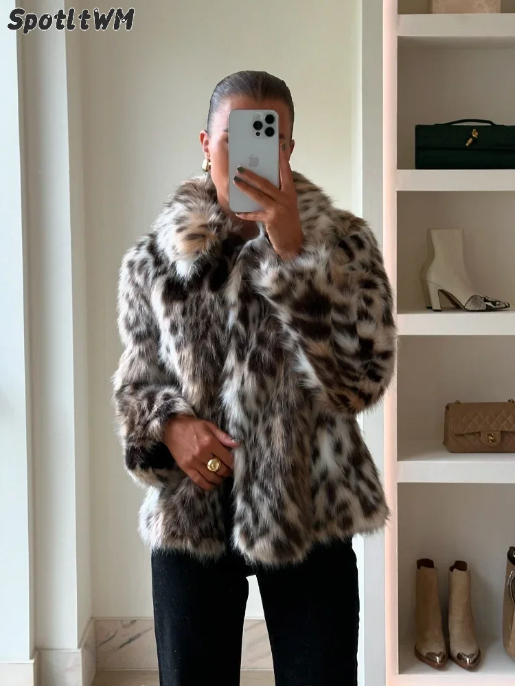 Nova moda leopardo impresso quente casaco de pele do falso chique lapela manga longa feminino fofo jaqueta peluda grosso senhora chique outerwear 2024