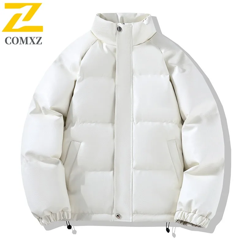 COMXZ 2025 Mens Womens Korean Thickened Fleece Winter Jacket PU Warm Tactics Waterproof and Windproof Outdoor Cold-proof Coat
