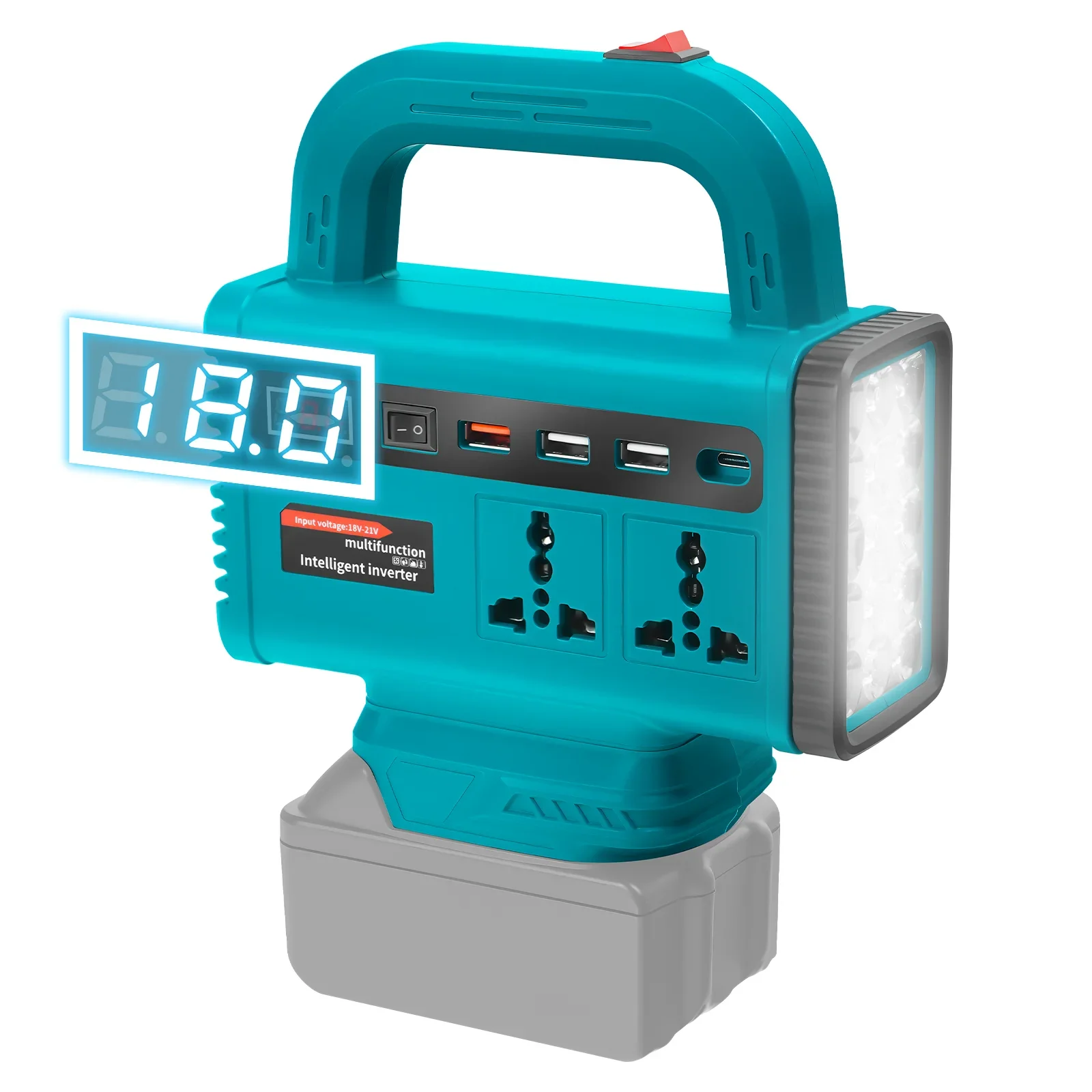 150W Portable Power Inverter for Makita/Dewalt/Milwaukee 18V Li-ion Batteries with USB Type-C Port with LED Light,Wal
