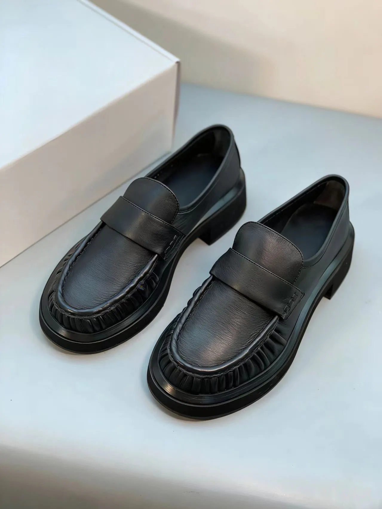 

Women Black Loafers Chunky Sole Slip-on Classic New Calfskin Shoes